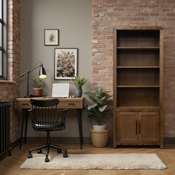 English Elm Haven 78" Bookcase Pier Cabinet — Oak Veneer, Curved Transitional Design with Shelves & Doors (No Assembly) Brown B108P364417