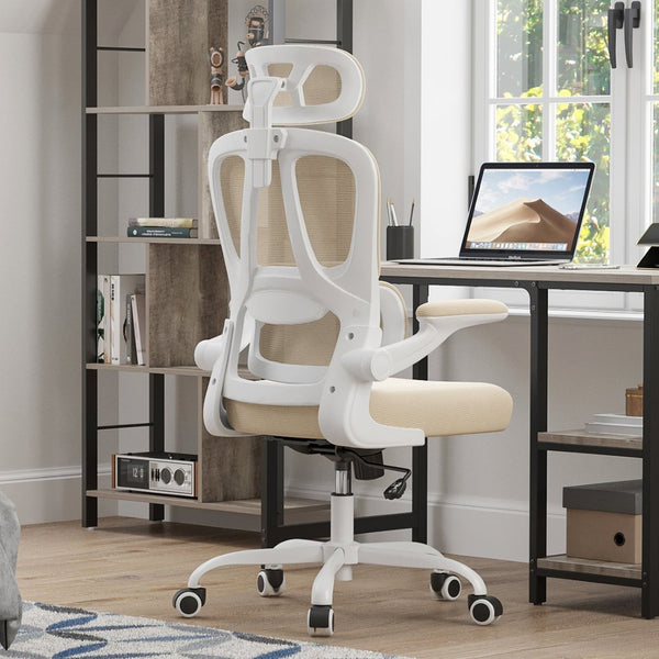 English Elm Ergonomic Mesh High Back Desk Chair with Lumbar Support Flip up Arms and Headrest Khaki,White T3623P434272