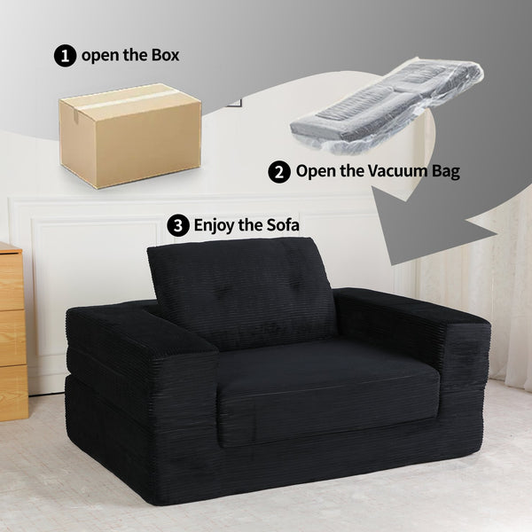 English Elm Compression Human Dog Sofa Bed 3-in-1 Folding Corduroy Floor Couch with Memory Foam Pillow for Living Room Black W3723P376783