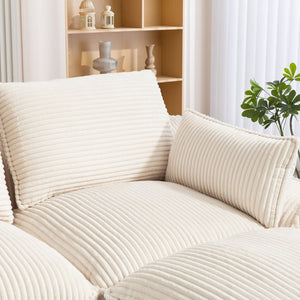 English Elm L Shaped Corduroy Modular Sectional with Cloud Cushions Footstool and Lumbar Pillows Beige W395S00141