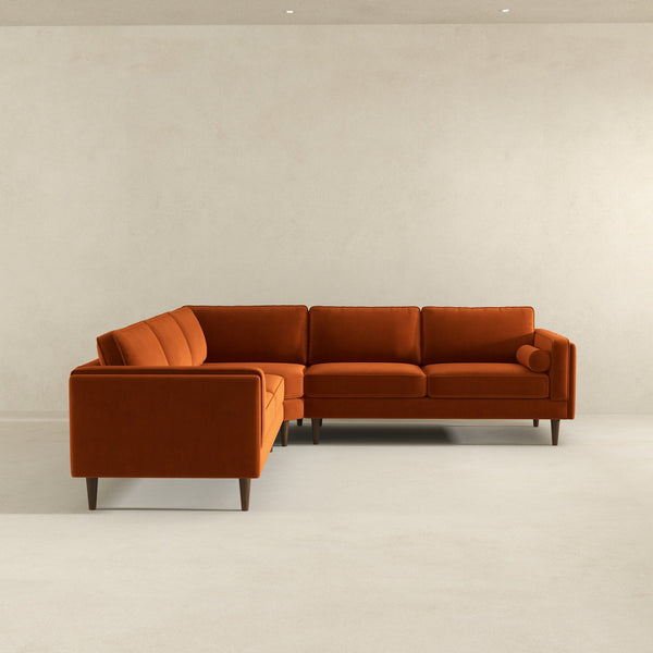 English Elm Ashcroft Furniture - Amber Mid-Century Burnt Orange Velvet Corner Sectional Sofa with Tapered Walnut Legs, Removable Cushions B183S00074