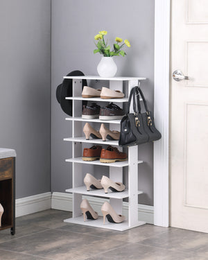 English Elm Vertical 7-Tier Shoe Rack with Hooks — Space-Saving White Organizer for Entryway, Closet, Garage W3151P345978