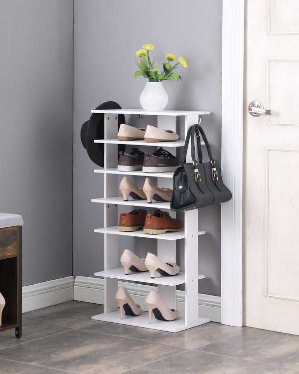 English Elm Vertical 7-Tier Shoe Rack with Hooks — Space-Saving White Organizer for Entryway, Closet, Garage W3151P345978