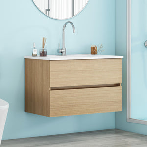 English Elm 32-Inch Wall-Mounted Bathroom Vanity With Soft-Close Drawers, Ceramic Sink & Modern Design Finish W3151S00041