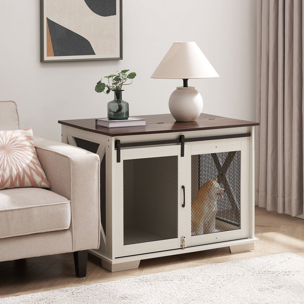 English Elm Farmhouse Dog Cage Crate Furniture with Sliding Barn Door, Secure Metal Latch, Flip-Up Top Access and Removable Divider for Small to Large Dogs (40.94x30.51x6.69) White W2275P164726