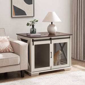 English Elm Farmhouse Dog Cage Crate Furniture with Sliding Barn Door, Secure Metal Latch, Flip-Up Top Access and Removable Divider for Small to Large Dogs (40.94x30.51x6.69) White W2275P164726