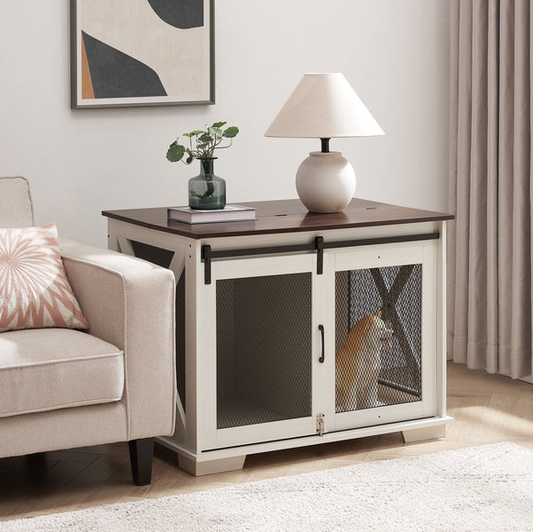 English Elm Farmhouse Dog Cage Crate Furniture with Sliding Barn Door, Secure Metal Latch, Flip-Up Top Access and Removable Divider for Small to Large Dogs (40.94x30.51x6.69) White W2275P164726