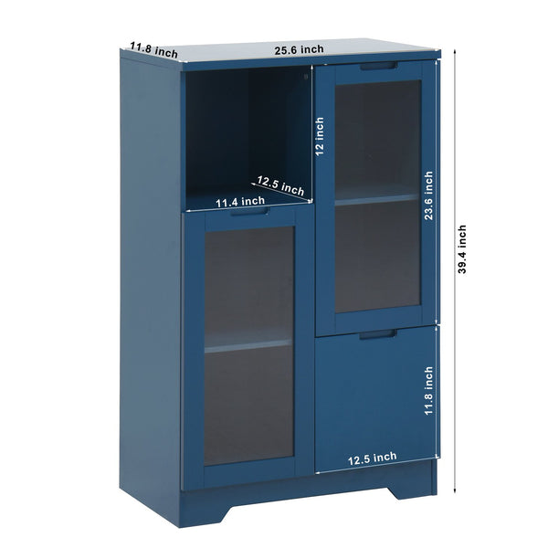 English Elm MDF modern painted storage cabinet with glass doors, drawer and open shelves for entryway decor (97) Blue W409P171443