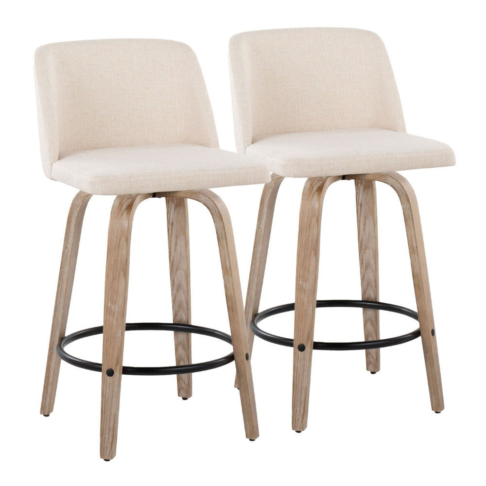 English Elm Toriano 26" Mid-Century Modern Counter Stool Set Of 2 With Swivel, Cream Fabric & White-Washed Wood B202S00413-GIGA