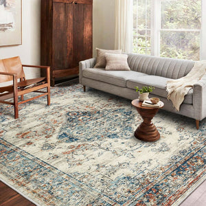 English Elm Area Rug 8X10 Vintage Bohemia Floral Design - Antique Blue Green Non-Slip Washable For Any Room W2907P265140