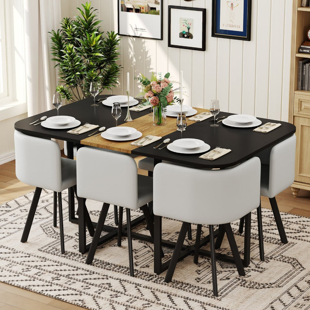 English Elm 7 Piece Modern Dining Set Six Gray Pu Chairs Two Tone Wood Metal Table for Apartments W3875S00102