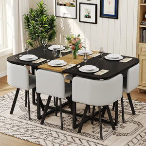 English Elm 7 Piece Modern Dining Set Six Gray Pu Chairs Two Tone Wood Metal Table for Apartments W3875S00102