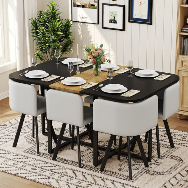 English Elm 7 Piece Modern Dining Set Six Gray Pu Chairs Two Tone Wood Metal Table for Apartments W3875S00102