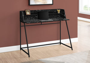 English Elm Computer Desk with Black Marble Look Top, Trapezoid Metal Legs, Hutch Shelf, 47.25"L x 23.75"W B2710P219830