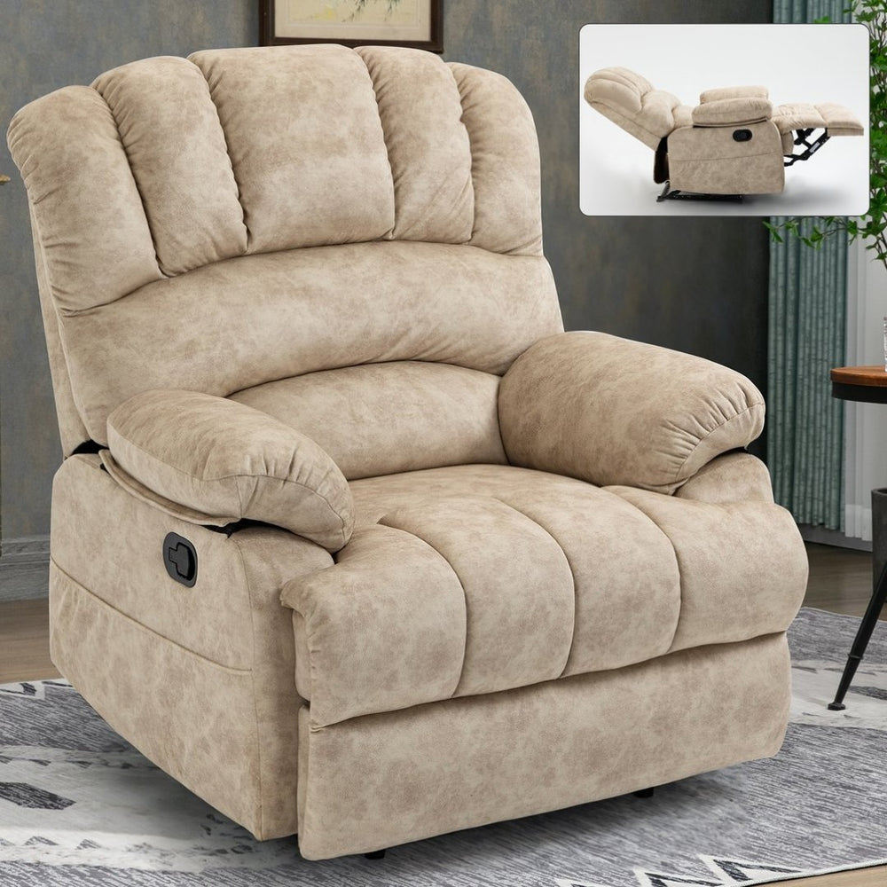 English Elm Large Oversized Manual Recliner Upholstered in Neutral Fabric for Relaxing Living Rooms Beige W3224P288517