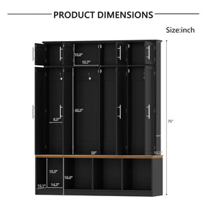 English Elm Wood Entryway Hall Tree with Bench Seating Coat Hooks Shoe Cubbies Cabinet Black W5271S00003