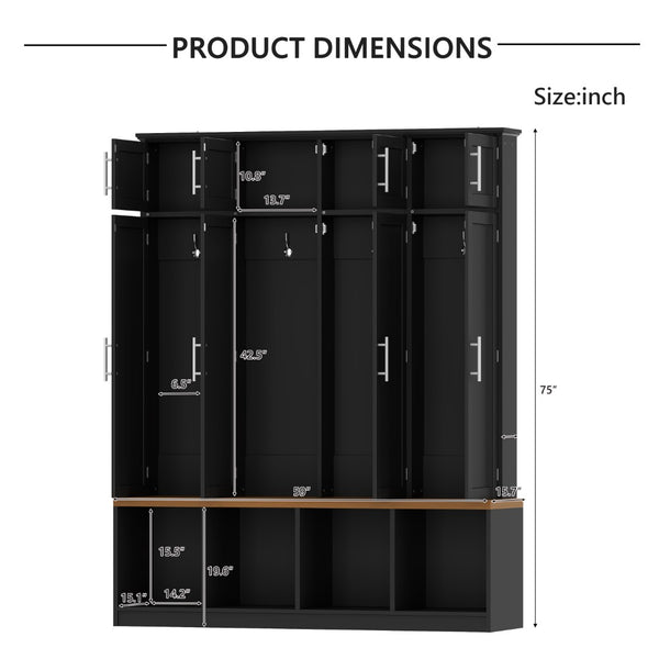 English Elm Wood Entryway Hall Tree with Bench Seating Coat Hooks Shoe Cubbies Cabinet Black W5271S00003
