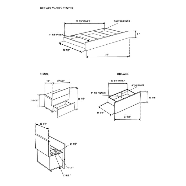 English Elm ELISA LED Vanity Set with Stool, Solid Wood & Glass Top, Built-In Speakers and Spacious Storage Black 30.75 L x 19.69 W x 28.86 H B201S00355
