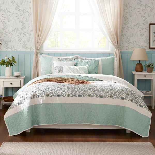 English Elm 6 Madison Park Dawn Cotton Percale Reversible Quilt Set with Paisley Pintuck, Lace Trim, Pillows, Full/Queen Aqua 17.72 L x 22.83 W x 7.09 H B035129023