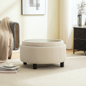 English Elm 29.33"w Fleece Tufted Round Storage Ottoman Reversible Lid Footstool for Living Room Beige W3189P422396