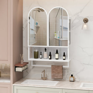 English Elm 23.62" Modern Double-Arched Mirror Cabinet with Tempered Glass, Metal Frame, Shelf & Towel Rack Storage White W757P314591