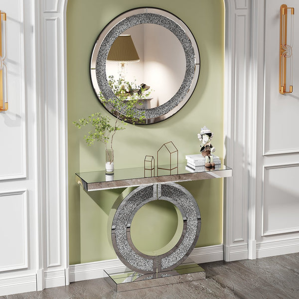 English Elm 33.46"(85cm)Crystal Radiant Diamond Mirror Silver Round Wall Art — Beveled Glass, Acrylic Sparkle W3836P361755