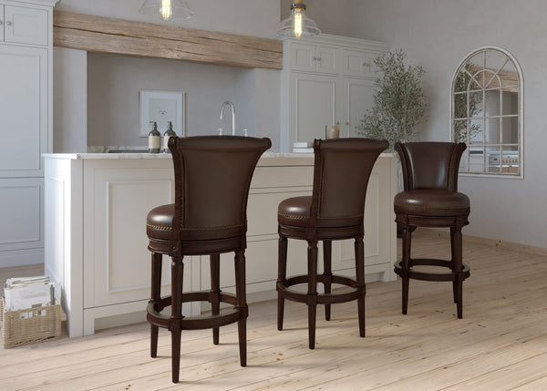 English Elm 31in. Swivel Barstool Faux Leather High Back Nailhead Trim Distressed Walnut Frame B2751P436427