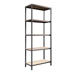 English Elm Tall Bookcase Brown Finish with 4 Open Shelves, All-Sides Engineered Wood, Black Metal Frame Durable Storage B356P367782