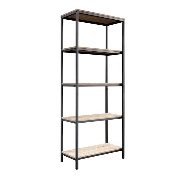 English Elm Tall Bookcase Brown Finish with 4 Open Shelves, All-Sides Engineered Wood, Black Metal Frame Durable Storage B356P367782