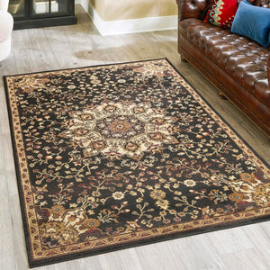English Elm Classic Medallion Area Rug Bold Black Low Pile for Formal Living Dining Rooms B186P452299