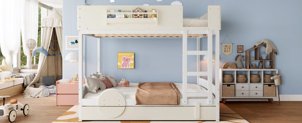 English Elm Queen Bunk Bed with Trundle Solid Pine Kids Car Themed Frame Built-in Bookshelf Beige+White W1580S00446