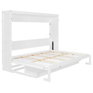 English Elm Queen Murphy Bed Cabinet with Vanity Desk Hydraulic Lift Mirror Distressed Finish White LP000766AAK-1