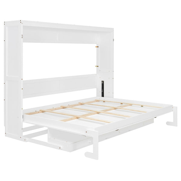 English Elm Queen Murphy Bed Cabinet with Vanity Desk Hydraulic Lift Mirror Distressed Finish White LP000766AAK-1