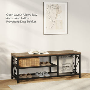 English Elm Vividwood Industrial Entryway Bench Rustic Wood Top Metal Frame Scrollwork Shoe Organizer Brown T5618P505964
