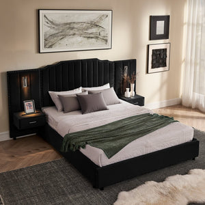 English Elm Queen Velvet Platform Bed with Tufted Headboard Integrated Nightstands and Striped Design Black W487S00441