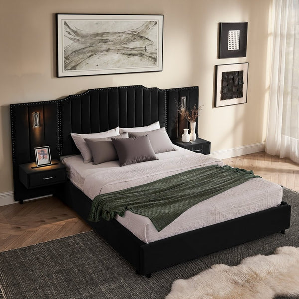 English Elm Queen Velvet Platform Bed with Tufted Headboard Integrated Nightstands and Striped Design Black W487S00441