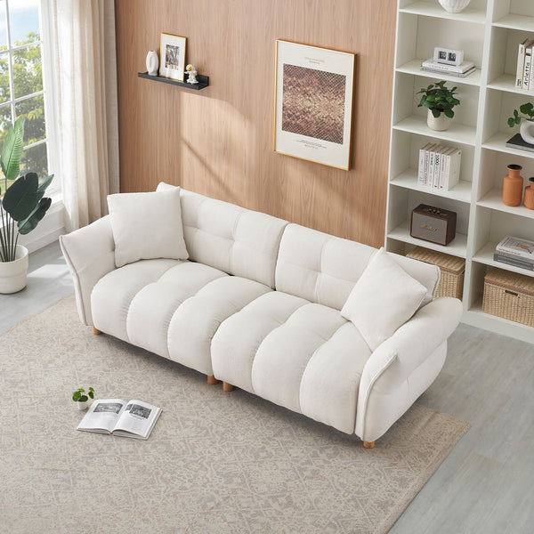 English Elm 93.70 Plush Teddy Sofa with Solid Wood Legs, 3-Seater Comfortable Sponge Cushions & Two Pillows Beige W3356S00025