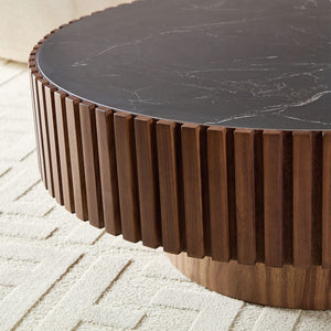 English Elm 35.43'' Modern Nesting Round Sintered Stone Tabletop — Compact Pedestal Coffee Table for Apartments Walnut W876P262230