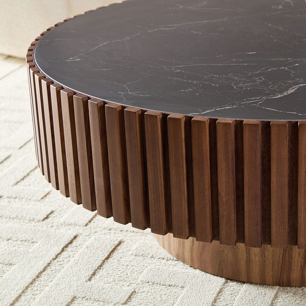 English Elm 35.43'' Modern Nesting Round Sintered Stone Tabletop — Compact Pedestal Coffee Table for Apartments Walnut W876P262230