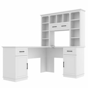 English Elm L-Shaped Corner Desk with 3 Cabinets, 2 Drawers & 11 Shelves, Built-In Power Outlet for Home Office White W1580S00188