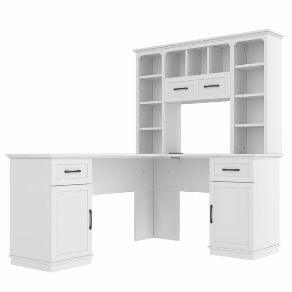 English Elm L-Shaped Corner Desk with 3 Cabinets, 2 Drawers & 11 Shelves, Built-In Power Outlet for Home Office White W1580S00188