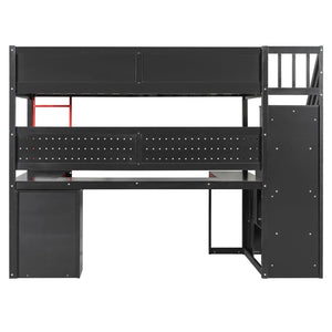 English Elm Full Size Gaming Loft Bed with Led Lighting Desk Shelves and Usb Charging Ports N820S00070J