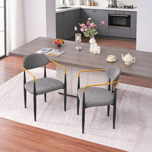 English Elm Modern Upholstered Dining Chairs Set of 2 Beige Fabric Gold Arm Black Frame W5501P462422