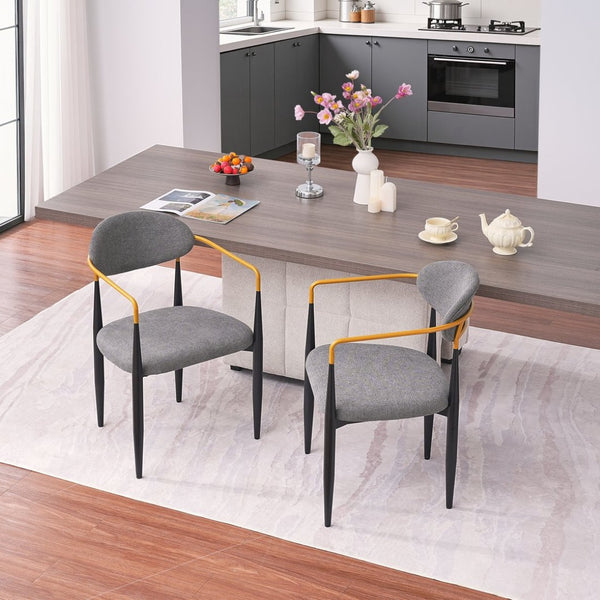 English Elm Modern Upholstered Dining Chairs Set of 2 Beige Fabric Gold Arm Black Frame W5501P462422