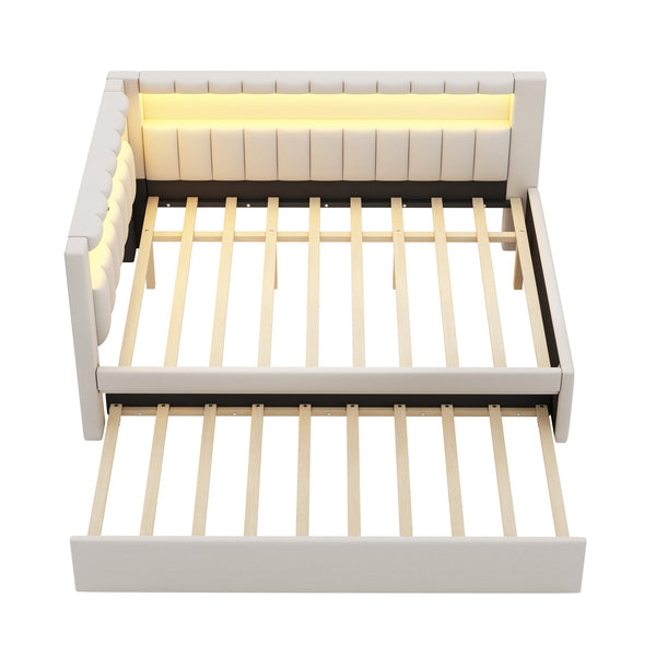 English Elm Upholstered Full Platform Bed with Trundle, Built-In USB Ports & LED Accent, Linen Upholstery White DL001925AAK