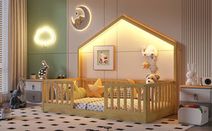 English Elm Twin Montessori Floor Bed House Frame with Led Lighting and Safety Rails for Kids W2593P440601