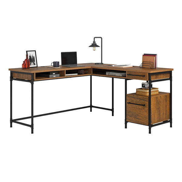English Elm L-Shaped Desk With Elegant Brown Finish – Versatile Workspace Solution With Ample Storage & Cable Management B356P367765