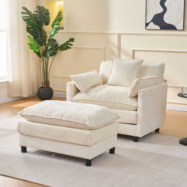 English Elm 39.4" Chenille Club Chair with Ottoman Solid Wood Frame for Living Room or Bedroom Beige W3244P392643