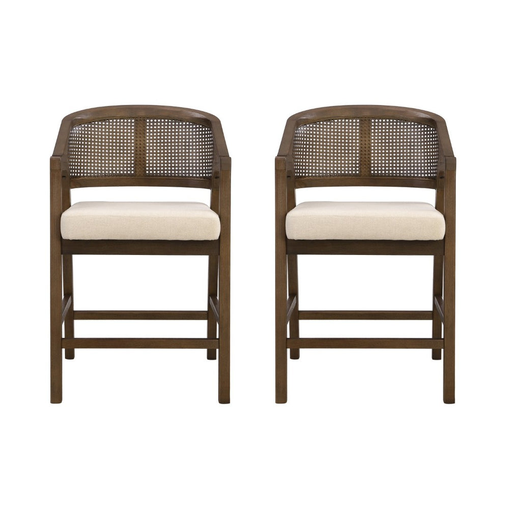 English Elm Wooden Rubberwood Counter Stools with Woven Rattan Back Mid Century Set of Two Beige,Walnut N771P257313T