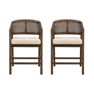 English Elm Wooden Rubberwood Counter Stools with Woven Rattan Back Mid Century Set of Two Beige,Walnut N771P257313T